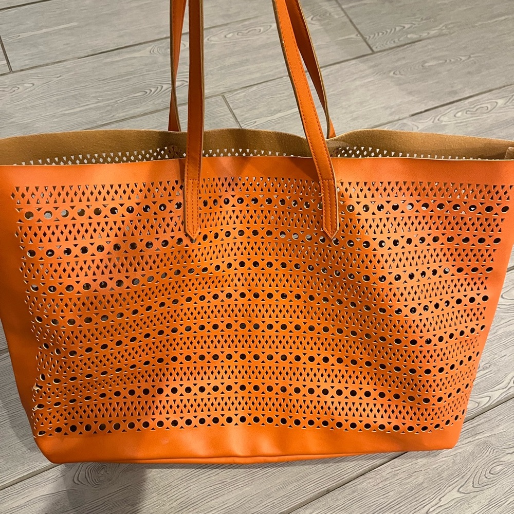Saks  Fifth Ave Vibrant Orange Laser Cut Tote